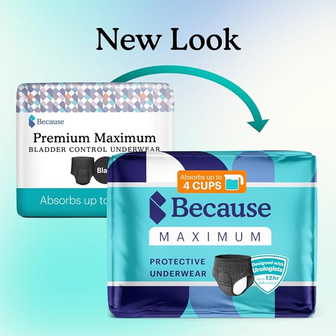 Because Premium Maximum Absorbency Adult Incontinence and Postpartum Bladder Leak Underwear for Women, Heavy Absorbency, Disposable, Black, Large, 80 Count (4 Packs of 20)
