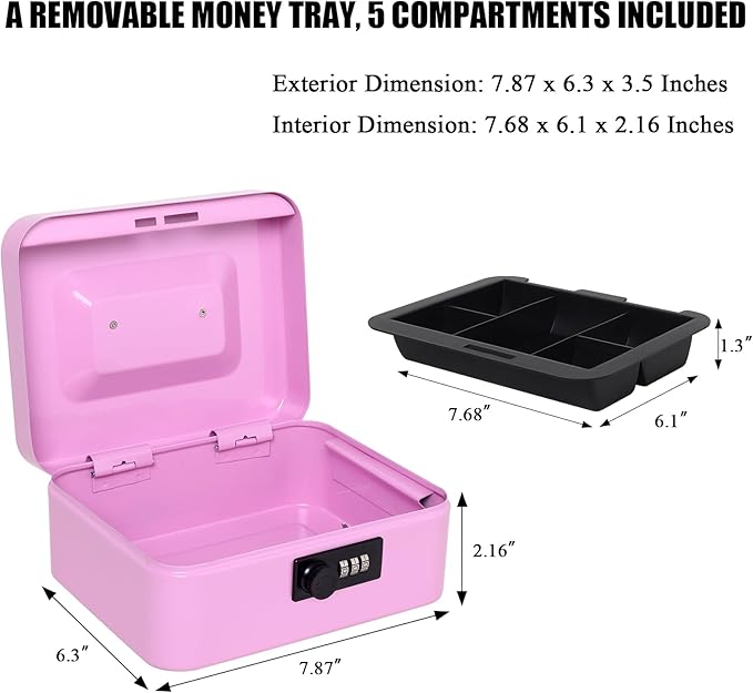 Jssmst Medium Cash Box with Combination Lock - Durable Metal Cash Box with Money Tray Light Purple,7.87 x 6.3 x 3.35 inches