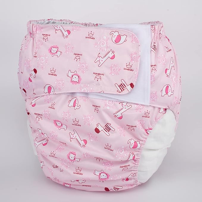 Adult Cloth Diaper Reusable Washable Hook and Loop (Pink Animals (Large 26in to 50in))