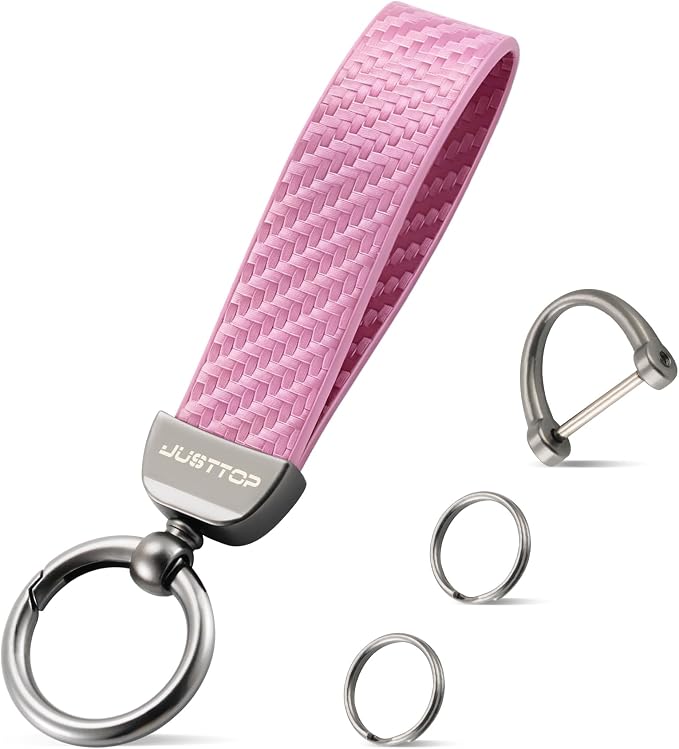 JUSTTOP Leather Keychain, Carbon Fiber Car Key Chain with Anti-Lost D-Ring and 2 Key Ring, Keychain Wristlet, Car Accessories, Universal Keychain for Men and Women (Pink)