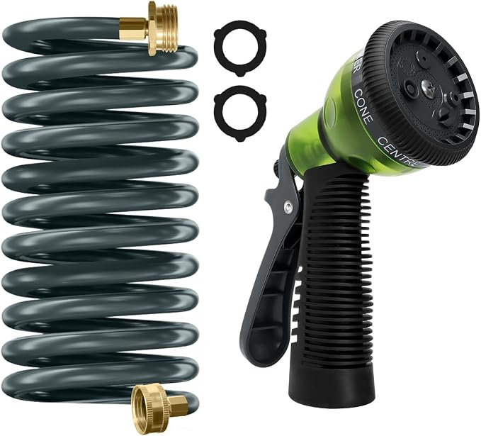Coil Hose 10FT EVA Coil Garden Hose With 3/4'' Brass Connector Coiled Water Hose Lightweight And No Kink Includes 7 Patterns Spray Nozzle For Outdoors Lawn Watering Car Washing