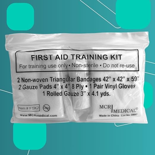 First Aid Training Kit w/Roller Gauze w. Gauze Pads and Triangular Bandages and Gloves 100-Pack MCR Medical