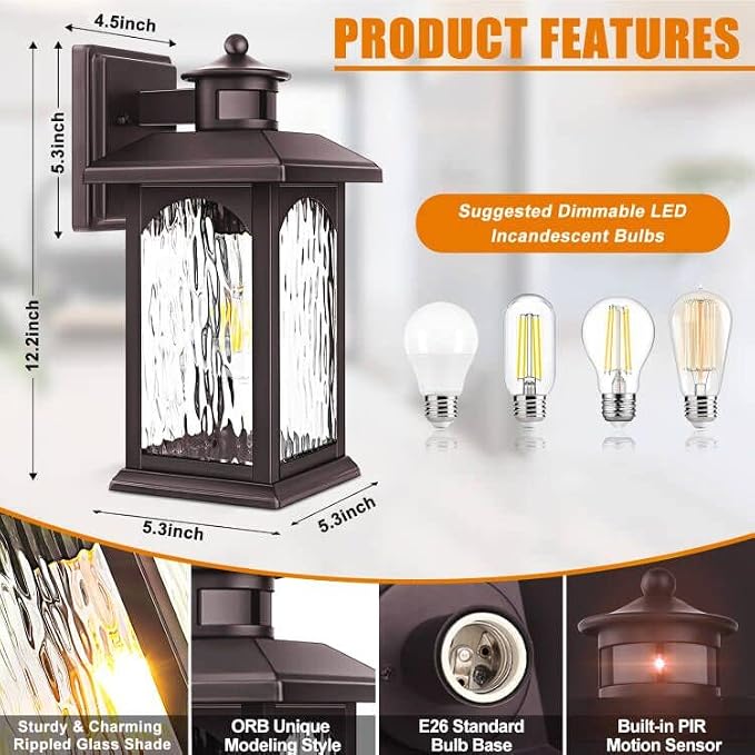 FILIYANO Motion Sensor Outdoor Wall Lights, Oil Rubbed Bronze, 2 Pack | Anti-Rust, Waterproof, Brown Exterior Coach Fixtures with 3 Modes, Modern Dusk to Dawn Sconces for Front Door, Garage, Porch