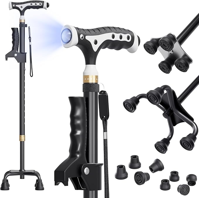 Hold 440 lbs Walking Cane for Seniors Aluminum Alloy Lightweight Height Adjustable Walking Stick Heavy Duty Foldbale Free Standing Cane with LED for Men and Women Adults