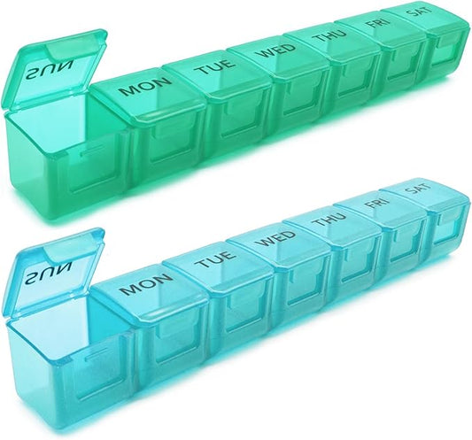 2 Pack Weekly Pill Organizer, Large 7 Day Pill Case, Daily Vitamin Case Medicine Box, AM/PM Pill Containers for Medicine Supplements Fish Oil (Blue & Green)
