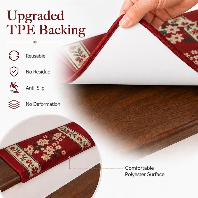 Rounded Bullnose Carpet Stair Treads for Wooden Steps Indoor, No Tape Non Slip Step Mats with TPU Backing & Steel Reinforced Edge for Dogs Elders,Red Floral,2