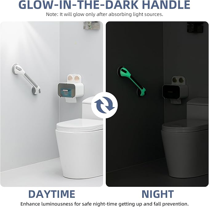 Grab Bars for Bathtubs and Showers Glow in The Dark, 17 inch Suction Grab Bar, Shower Handle Safety Grip Handrail for Seniors and Elderly, Removable Waterproof No Drilling, Grey
