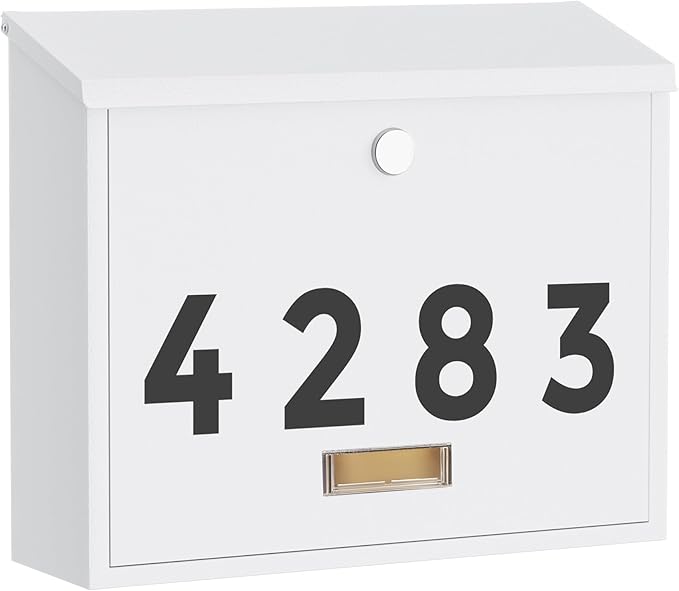 LAND·VOI Locking Wall-Mount Mailbox for Outside, with 4 Keys, Galvanized Steel Rustproof Metal Postbox, 4" Dx13.8 Wx11.2 H, Includes 3 Sets of Mailbox Numbers, Nameplate, White