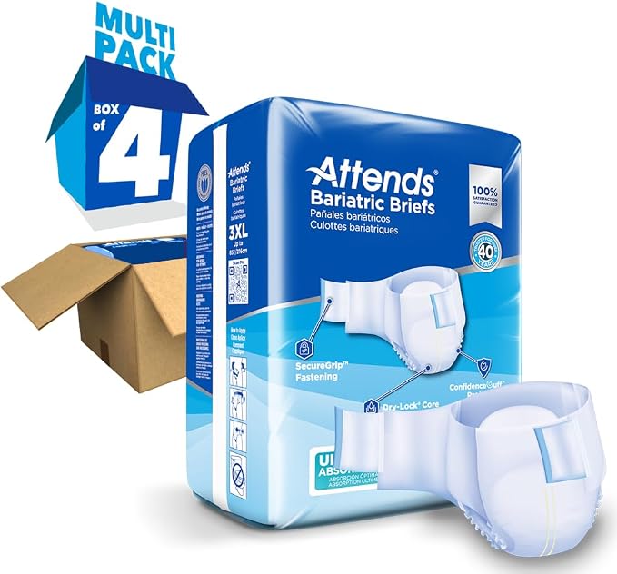 Attends Bariatric Incontinence Disposable Briefs, 3X-Large, Up to 85" Waist with Tab Closures, Ultimate Absorbency, Dry-Lock Containment Core and ConfidenceCuff Leakage Protection, 3XL 48ct Case