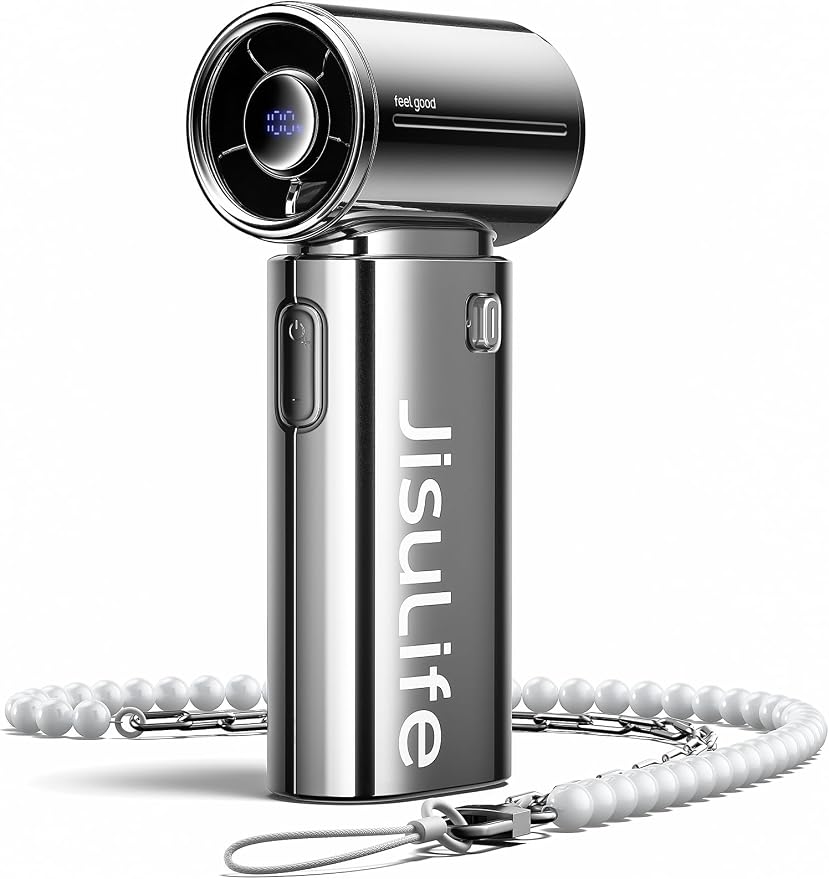 JISULIFE Handheld Fan Life9S - Sleek Chrome: Turbo Power, 22 Hours Cooling | LED Display, 5000mAh, 5-Speeds, Mini Portable Fan for Travel, Cruise, Concerts, Trendy Gifts for Women Men -Chrome