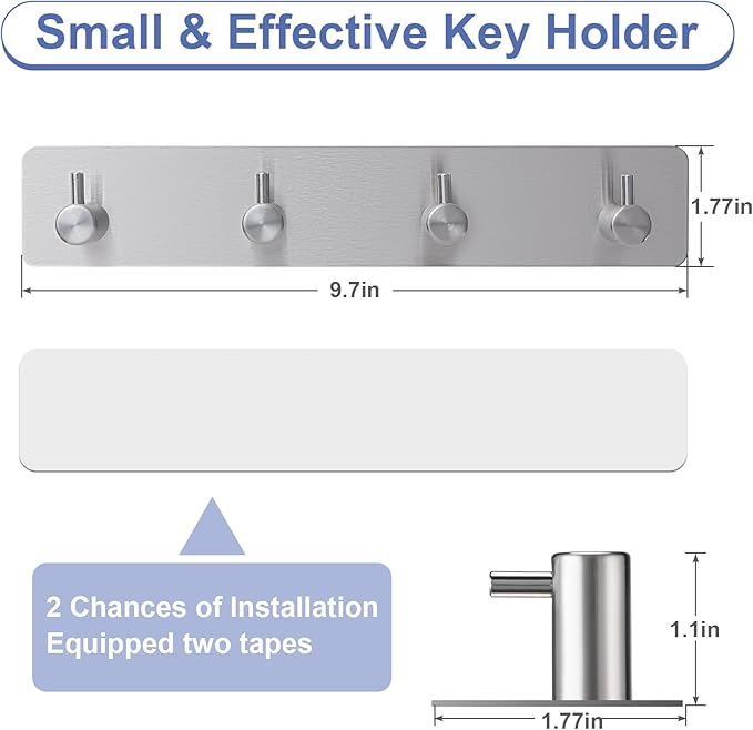 Key Holder with 4 Hooks,Adhesive Key Hanger Organizer for Wall Mount | Metal Key Rack with 2 Self-Adhesive Tapes for Entryway, Door, Bathroom, Kitchen(Silver)