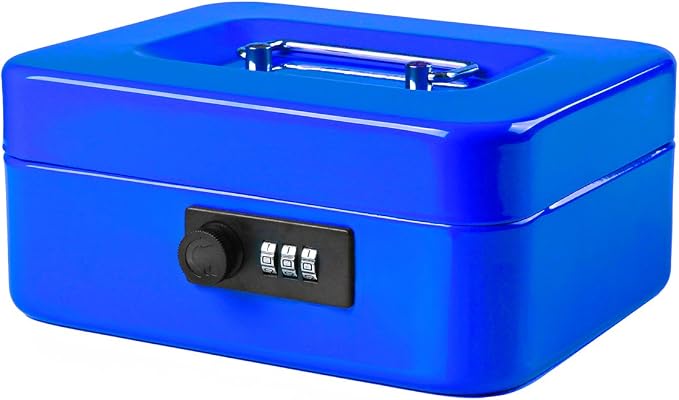 Jssmst Medium Cash Box with Combination Lock-Durable Metal Cash Box with Money Tray Blue, 7.87 x 6.3 x 3.35 inches, CB0702M