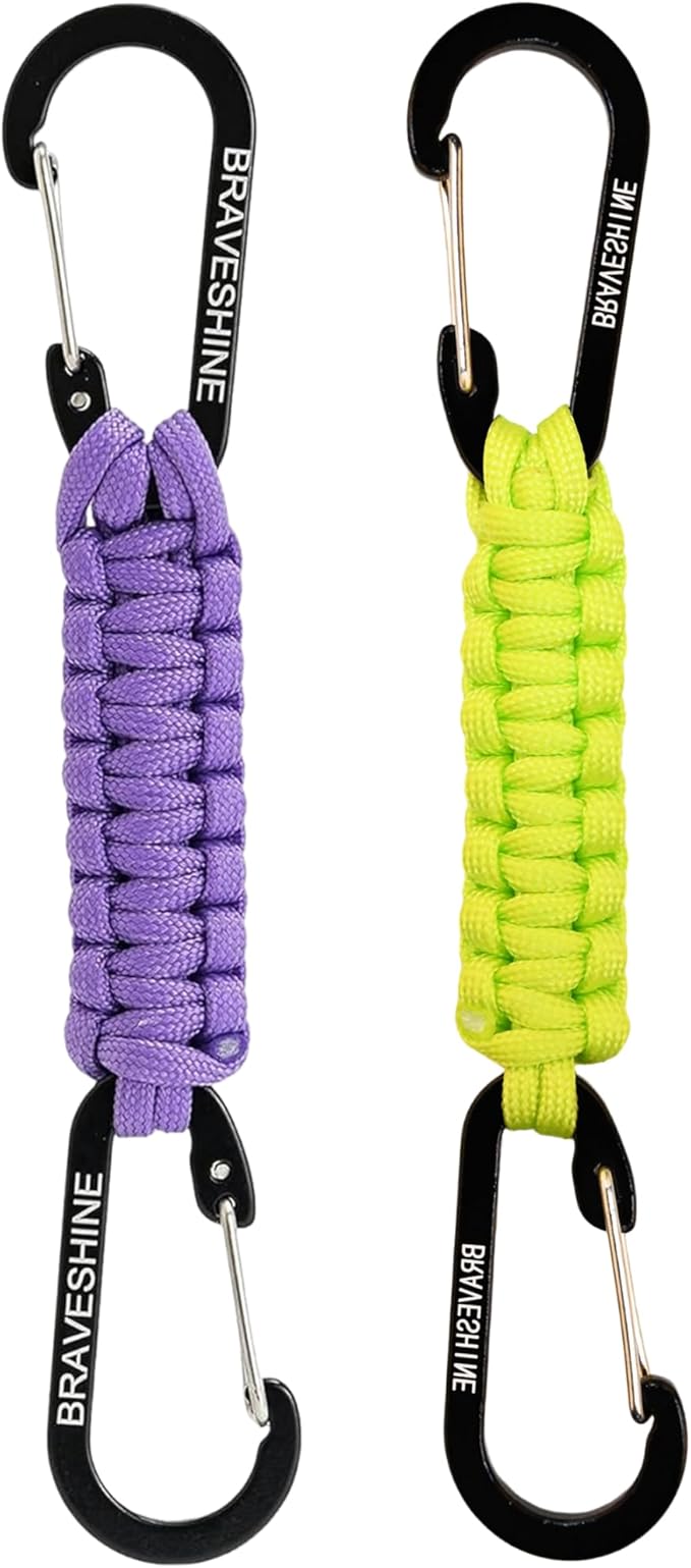 BRAVESHINE Paracord Keychain Carabiner Clip | D Ring Hanger Lanyard Hook | 7.3inch Long | for Stroller, Water Bottle, Key, Backpacks, Men, Women, Luggage, Car Seat Headrest, Fence, Bag Charms