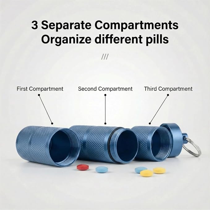 Waterproof Keychain Pill Holder - 3-Compartment, Blue | Anodized aluminum with a keyring. 3 detachable layers. Pocket-sized, rustproof EDC pill container