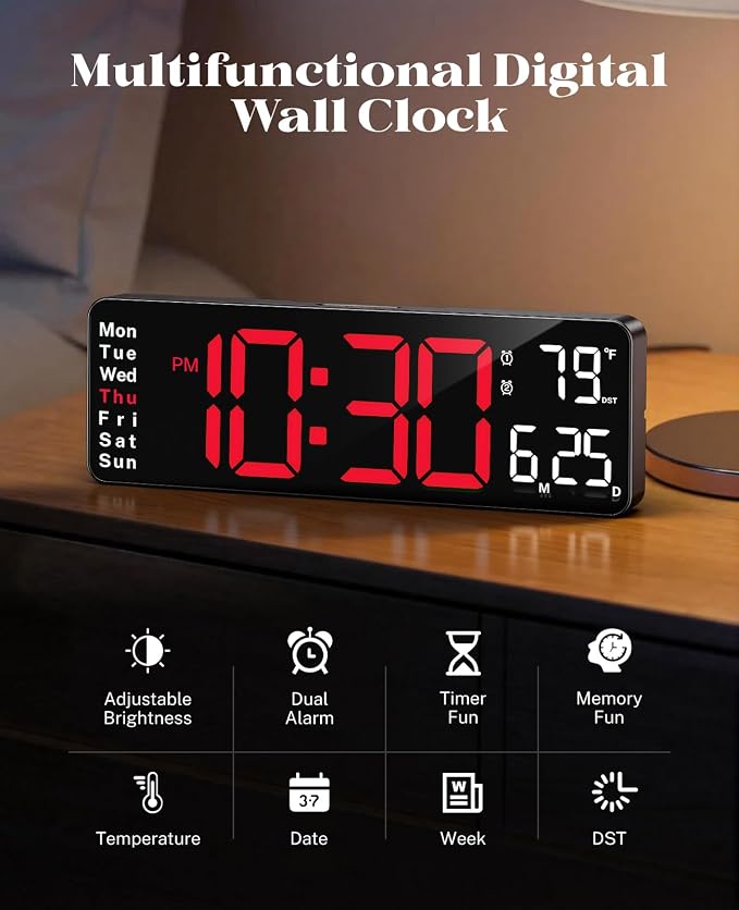 Digital Wall Clock for Classroom, 13" Digital Clock Large Display | Big Led Wall Clocks with Remote Control,Date,Week,Alarm,Temp &DST for Bedroom,Living Room,Gym,Office
