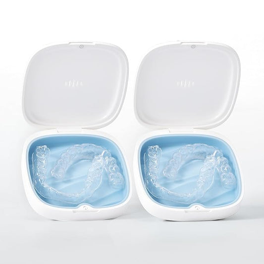 2 Pack Retainer Case Slim Aligner Case with Vent Holes Removable Inner Tray Silicone for Easy Cleaning (2Pack White Blue)