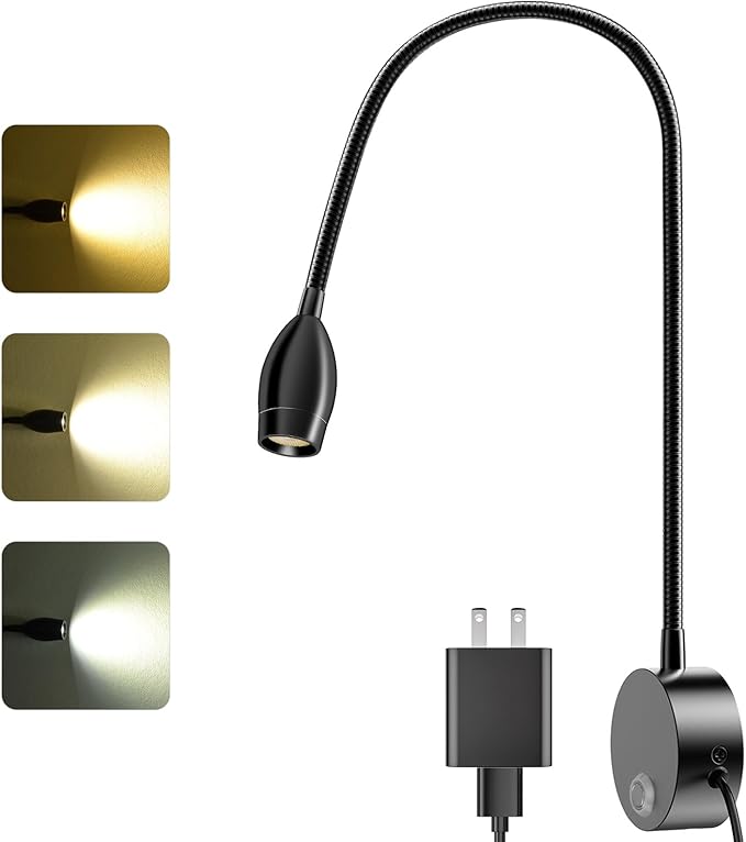 ERAY LED Wall Mounted Reading Light, Bedside Reading Lights for Bed with Touch Control, 3 Dimmable, 360°Flexible Gooseneck Headboard Book Reading Lamp Wall Sconce, 3000k-6000k-1 Pack