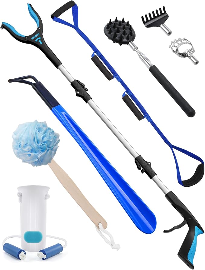 Kekoy 8 in 1 Hip Kit, Seniors Total Hip Replacement After Surgery with 36" Grabber Reacher Tool, Sock Aid Device, Leg Lifter, Long Handle Shoe Horn, Bath Sponge, Telescoping Back Scratcher(Blue) | Hip Replacement Kit with 36" Grabber, Sock Aid Device, ...