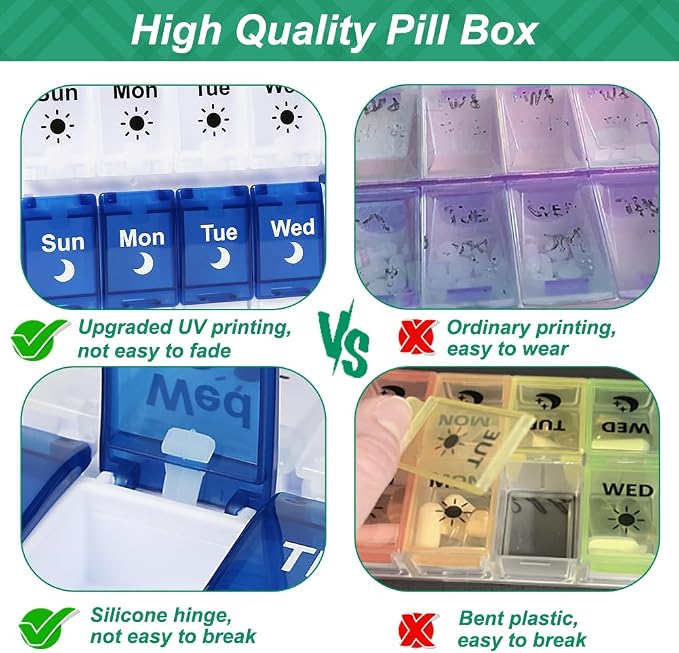 Shintop Weekly Pill Organizer 2 Times a Day, Easy Fill Am Pm Pill Box | Easy-Open Buttons, Quick-Fill Removable Top, Large Compartments, BPA-Free PP, Silicone Hinges, Senior- and Arthritis-Friendly