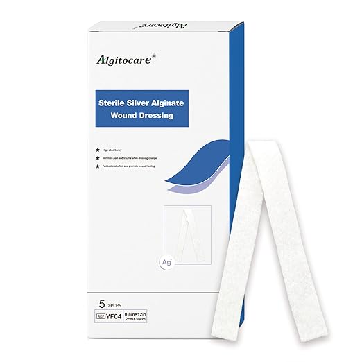 Ag Silver Calcium Alginate Wound Dressing - 0.8"x12"(Pack of 5), Non-Stick Sterile Gauze Pads for Accelerating Wound Healing, High Absorbency and Soft for Wound Care Supplies