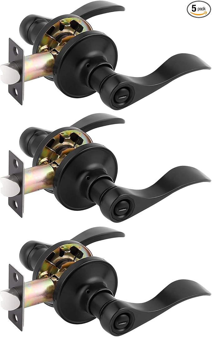 Gobrico 3Sets Bed and Bath Privacy Door Locks Handles Levers Without Key Black Finished,for Interior Door
