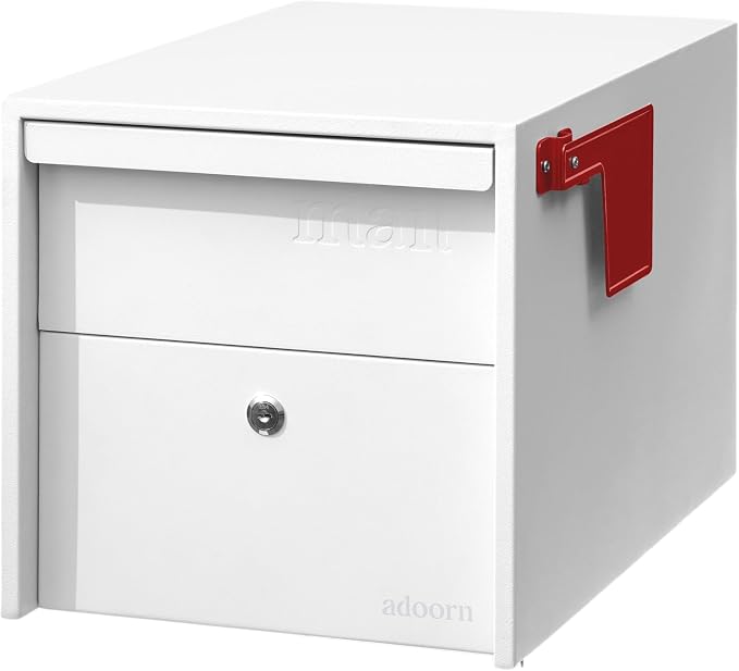 Adoorn Lockable Post Mount Mailboxes for Outside - Small Anti-Theft Locking Mailbox for Packages and Letters - Weatherproof Construction - Durable Steel - 12" H x 12" W x 18.5" D - White