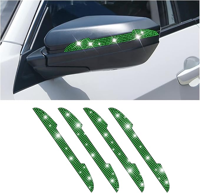 4PCS Bling Car Door Handle Scratch Protector, Green | 5.75x0.39 Inch, Universal fit, side panels/mirror edges, stainless steel, rhinestones, adhesive backing, exterior accessories