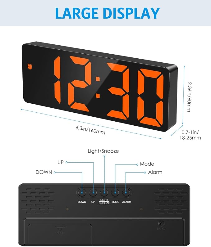 AMIR Digital Alarm Clock Large Display, LED Alarm for Bedroom, USB/Battery Powered Bedside Alarm Clock with Snooze, 12/24H, 3 Adjustable Brightness, Temperature, Electric Desk Clock for Home, Office