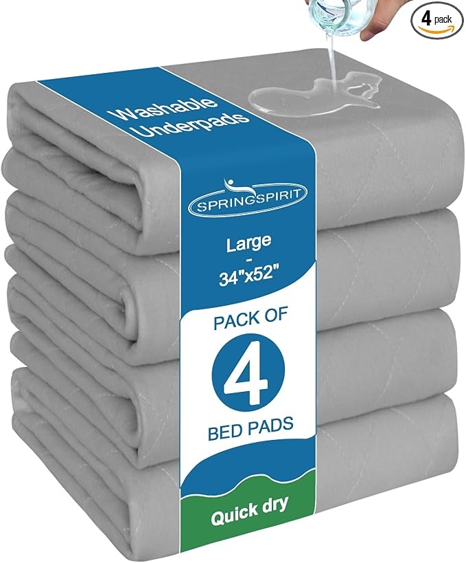 Bed Pads Washable Waterproof(4 Pack, 34 x 52), Washable and Reusable Anti Slip Incontinence Pee Pads for Adults, Elderly, Kids, Toddler and Pets, Grey