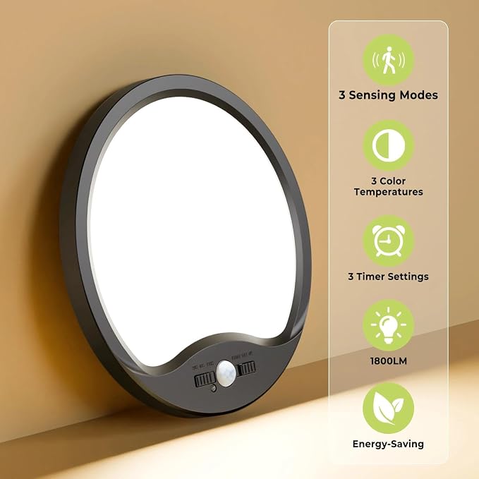hepside Motion Sensor Ceiling Light Wired, 3000K/4000K/6500K LED Flush Mount Ceiling Light Fixture, 8.7Inch 18W Motion Sensor Light with Timer for Closet Stair Porch Hallway Pantry,Black