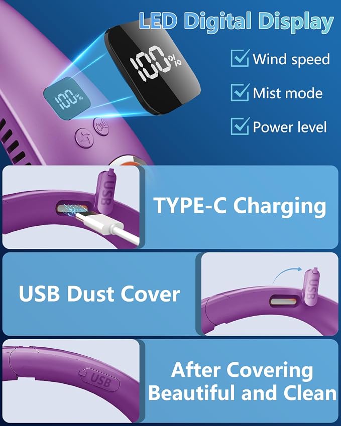 Portable Neck Fan Rechargeable,Bladeless Misting Fan Around Neck Fans that Blow Cold Air,Wearable Cooling Fan Mister Over the Neck,Headband Mobile Nevk Cooler Best Gifts for Women Men Adults
