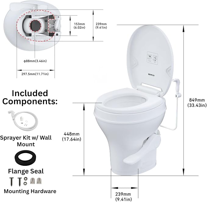 SEAFLO RV Toilet with Sprayer Attachment - White, 18.4” Residential Height, Gravity Flush Foot Pedal Camper Toilet Soft Close Seat Elongated Bowl Motorhome, 4-Year Warranty, SFRTPH-01-02