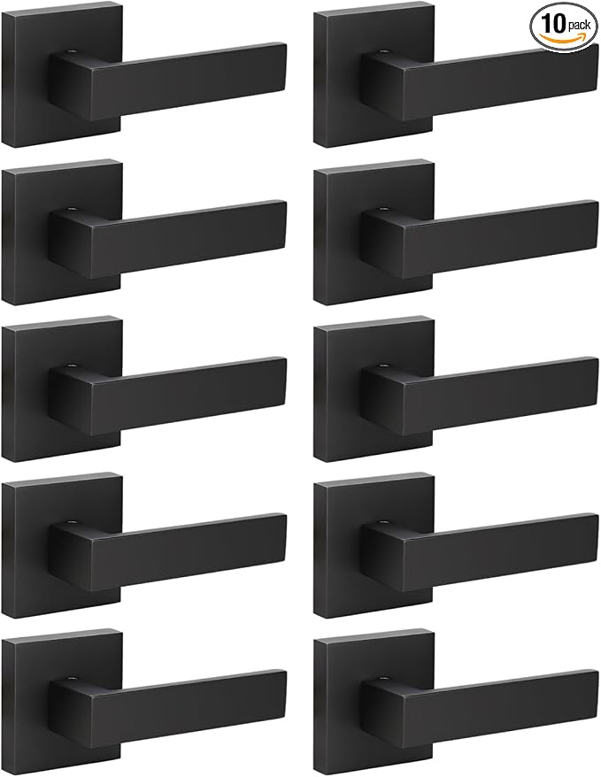 KNOBWELL 10 Pack Single Sided Heavy Duty Black Interior Door Handles Right/Left Handing Dummy Lever Dummy Function Matte Black Door Handle (Only One Side Use)