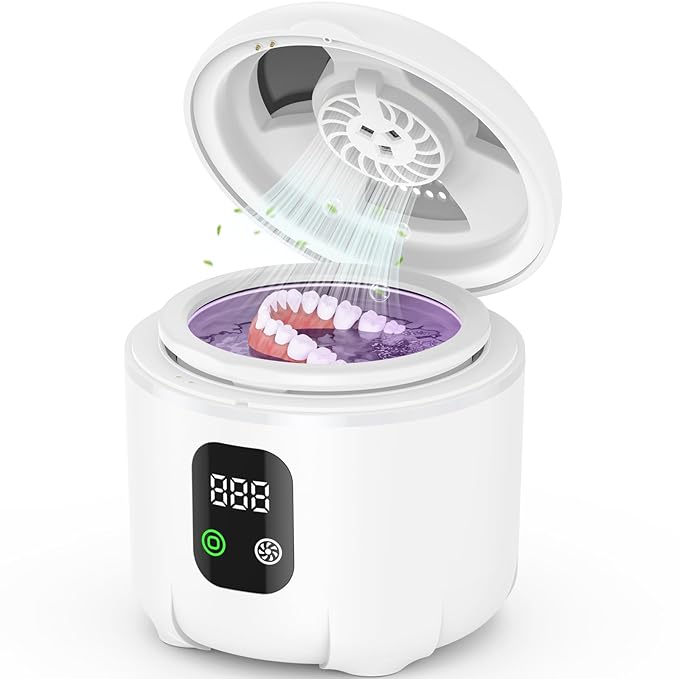 2025 Ultrasonic Retainer Cleaner- 45KHz 25W Portable Denture Cleaner with Drying Function and Removable Inner for Dentures, Mouth Guards, Aligners, Jewelry and More