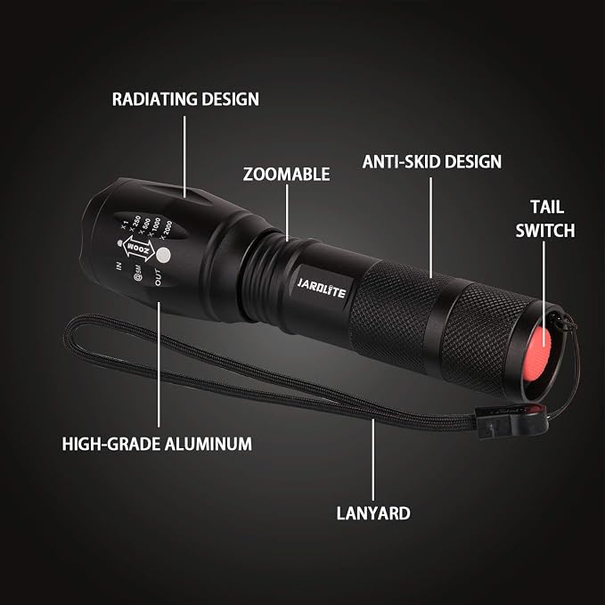 JARDLITE LED Emergency Handheld Flashlight, 4 Pack, Adjustable Focus, Water Resistant with 5 Modes, Best Tactical Torch for Hurricane, Camping, Dog Walking