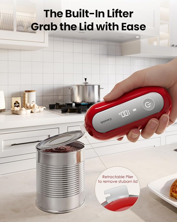 Canslab Retro Rechargeable Electric Can Opener, LED Battery Track&Auto Stop | True One-Touch Operation, Wall-Mountable Small Size, Side Cut Smooth Edge, USB Rechargeable, for Seniors with Arthritis, Red