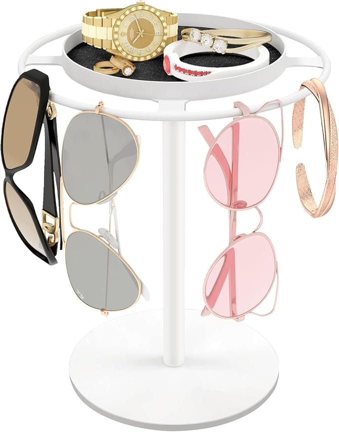 LSK Metal Sunglass Organizer, Glasses Holder Stand with Storage Tray, White | Sunglass Holder with Non-Slip Pad for Nightstand, Tabletop, Desk, Dresser, Hanging Up to 9 Pairs Sunlasses/Reading Glasses