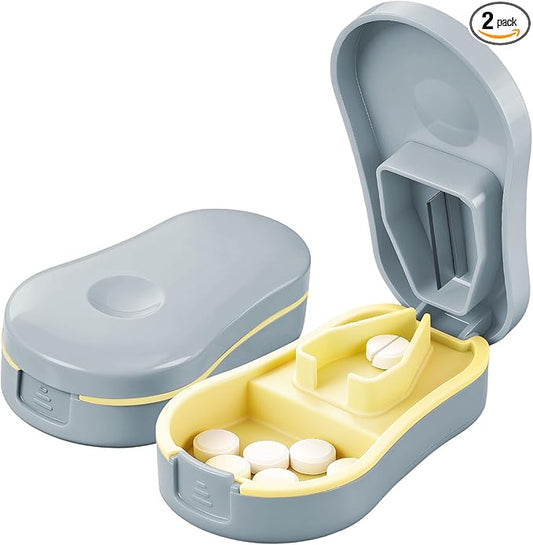 Pill Cutter Splitter for Small and Tiny Pills - Premium Silicone Precision Pill Splitter - Designed for Swallowing Difficulties & Pets. Nonslip Pad. Wrap-Around Blade Guard. Back Storage (Blue)