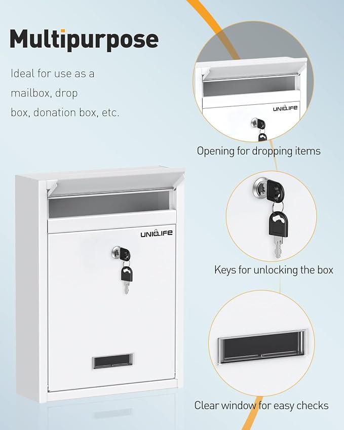 Uniclife Wall Mount Mailbox for Outside, Locking Mail Box, White | Large Mailbox with Key Lock, Security Mail Box for House, Safe Key Drop Box, Steel Cash Drop Box for Home Office School