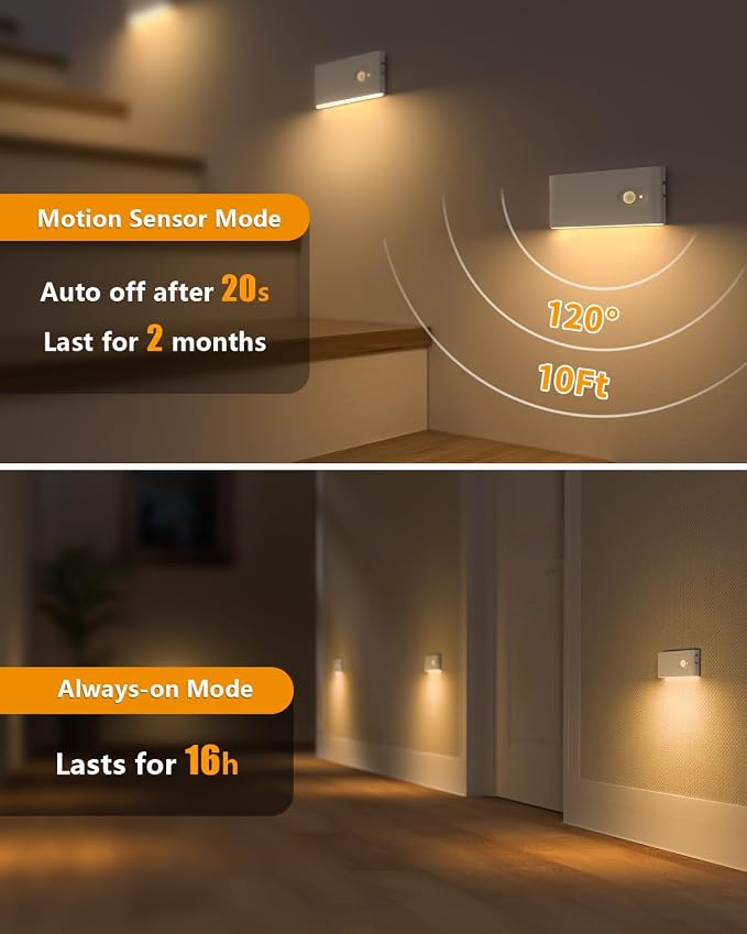 WILLED Rechargeable Night Light, Warm White Stair Lights Indoor, Wireless Motion Sensor Night Light, Stick On Lights for Stairs, Hallway, Stairway, Bathroom, Bedroom, Kitchen, 10 Pack