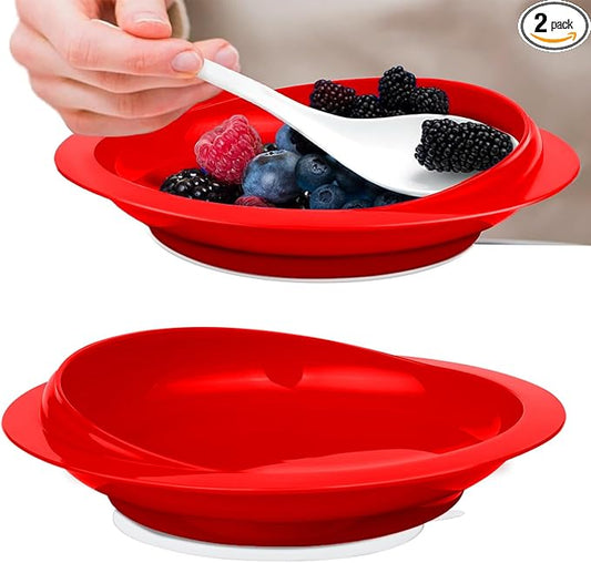 2Pack Spill Proof Scoop Plate with Non-Skid Suction Base, Adaptive Self-Feeding Dinnerware for Elderly and Disabled(Red)