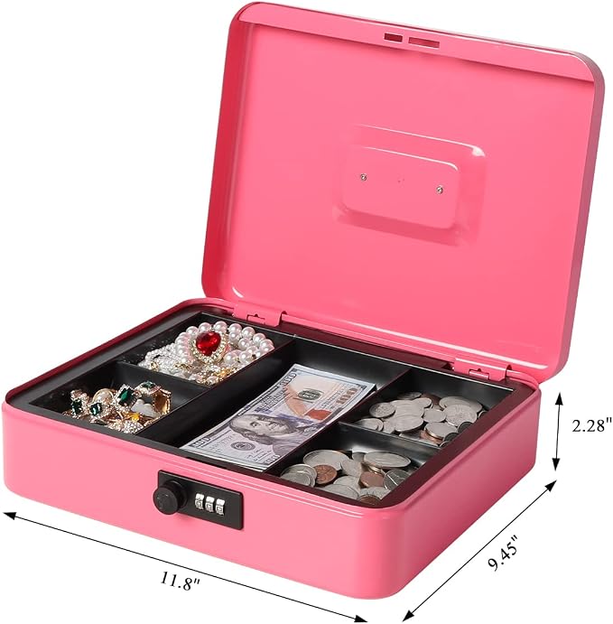 Jssmst Large Cash Box with Combination Lock - Durable Metal Cash Box with Money Tray, Pink, 11.81 x 9.84 x 3.46 inches, CB0705XLN