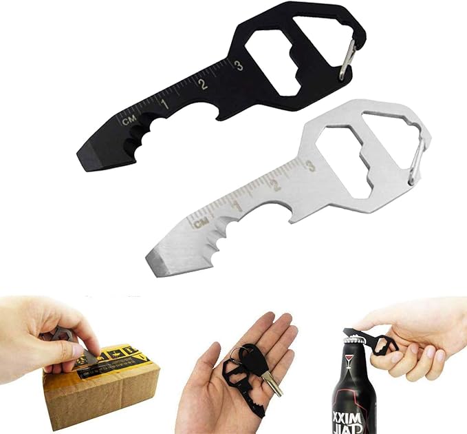 2PCS Keychain Bottle Opener Multi Tool, 100% Stainless Steel EDC Gadget, 6 Tools in 1 [Bottle Opener, Wrench, Screw Driver, Metric Ruler,Cord Cutter] Universal Everyday Carry Pocket and Backpack Tool