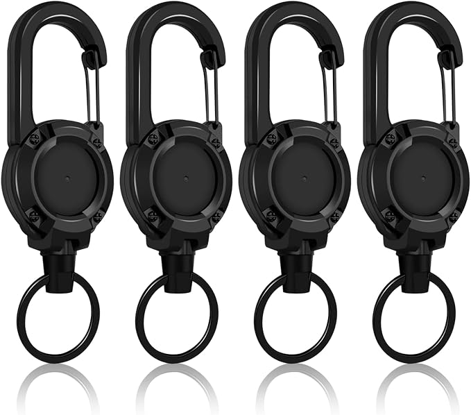 Retractable Keychain 4 Pieces Heavy Duty Carabiner Badge Holder Retractable Badge Reel ID Holder Extendable Key Ring Key Holder for 8 oz ABS Casing with 24 inches Steel Cord (Black)
