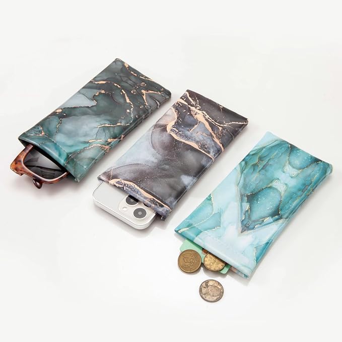 TRIUMPH VISION Eyeglass Case Glasses Case Soft Sunglass Pouch Sleeve 3 Pack | Slim Lightweight Alternative to Bulky Case, Leather Lined Protect Lens, Squeeze Easy to Use, Stylish Portable for Daily Use