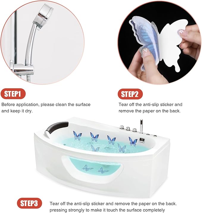20 PCS Non Slip Bathtub Stickers, Adhesive Butterfly Anti Slip Decal Treads for Shower and Bath Tub with Premium Scraper (Blue)