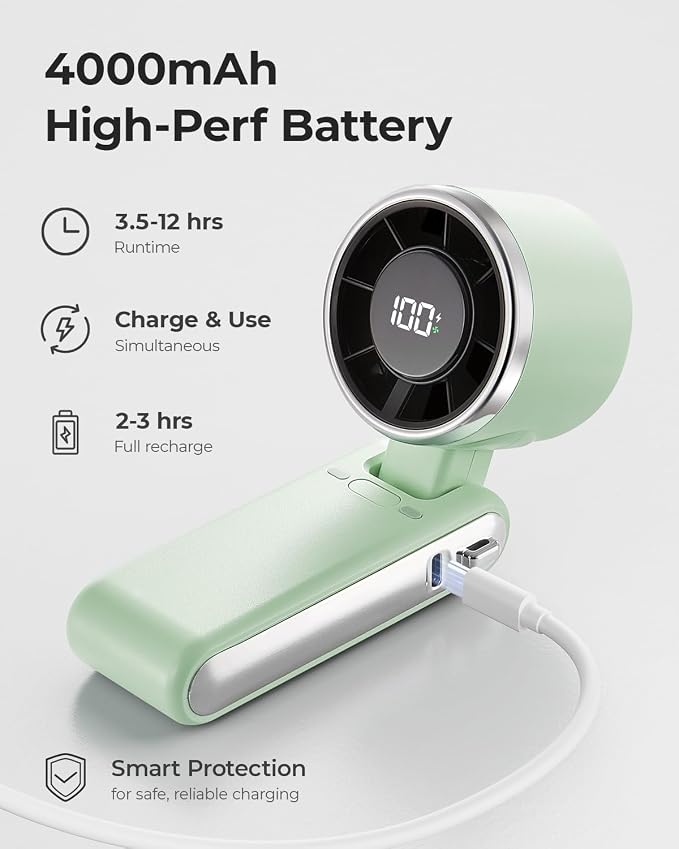 Portable Handheld Turbo Fan - 5 Gear High Speed 4000mAh Rechargeable Mini Personal Hand Fan Blow Cold Air, Battery Operated Travel Essentials, Beach Vacation, Gifts for Women, Men (Green)