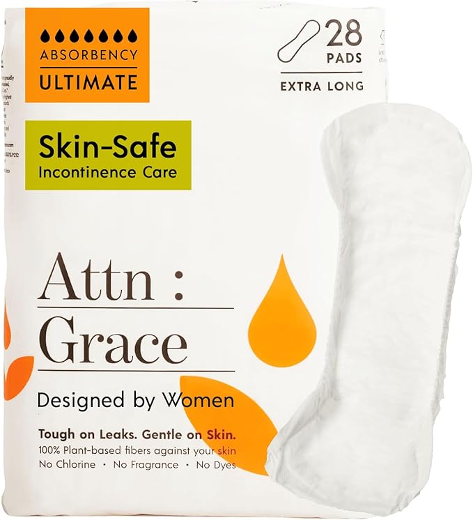 Attn: Grace Ultimate Incontinence Pads for Women, 28-Pack - High Absorbency, Breathable, Plant-Based - Overnight Pads for Heavy Bladder Leaks & Sensitive Skin