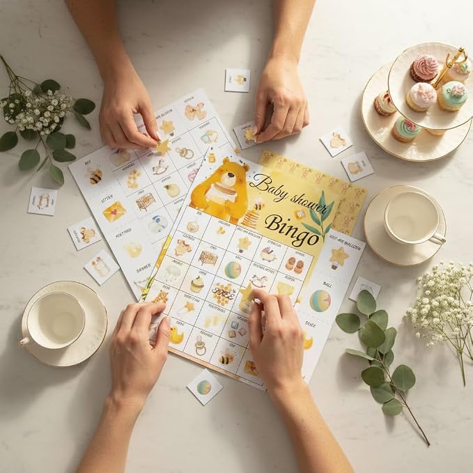 Baby Shower Bingo Game Cards Set for Guests Adults, Honey Bear Baby Shower Party Bingo Game Gender Reveal Bingo Game for Family Friends Large Group Activity, Favors Supplies Decorations