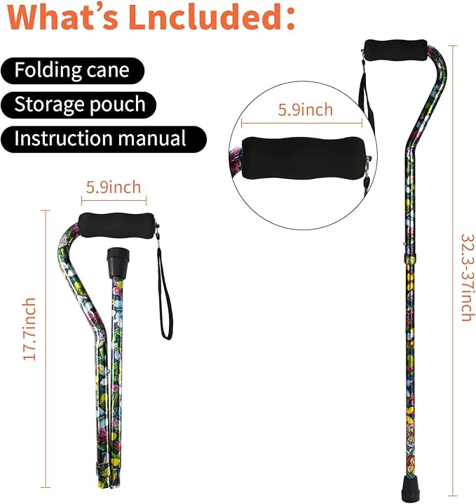 Floral Canes for Women Folding Cane for Stability with Non-Slip Base, Adjustable Walking Cane for Seniors - Lightweight Collapsible Walking Sticks with T & Offset Handle